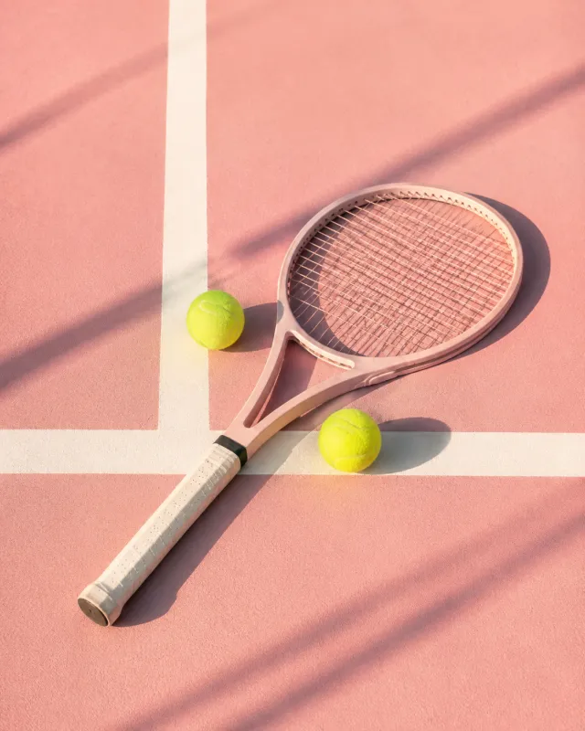 A pink tennis racket and tennis balls on a sunlit court