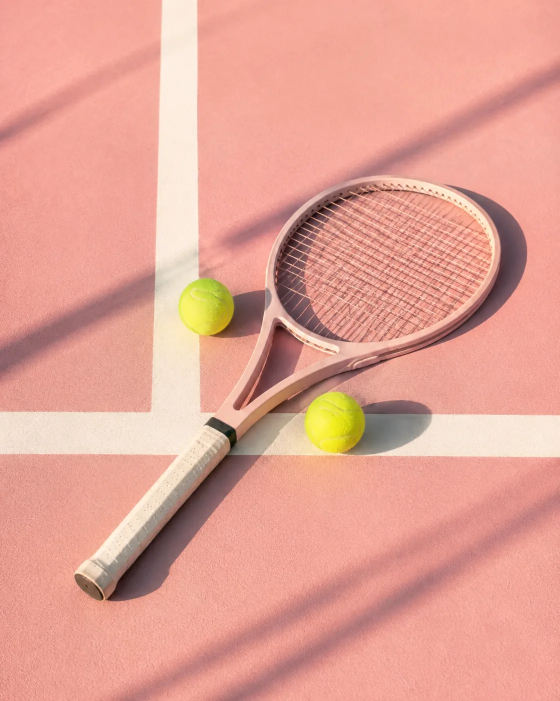 A pink tennis racket and two tennis balls on a sunlit pink court